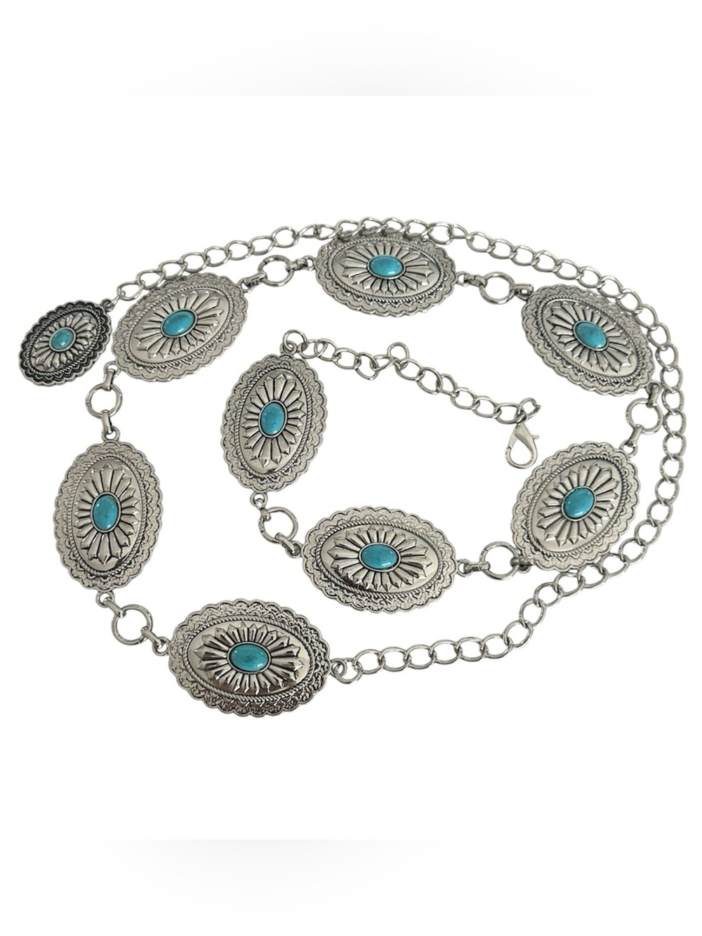 Concho Belt Turquoise Silver Tone Medallion on Silver Chain with Clasp 47”Length